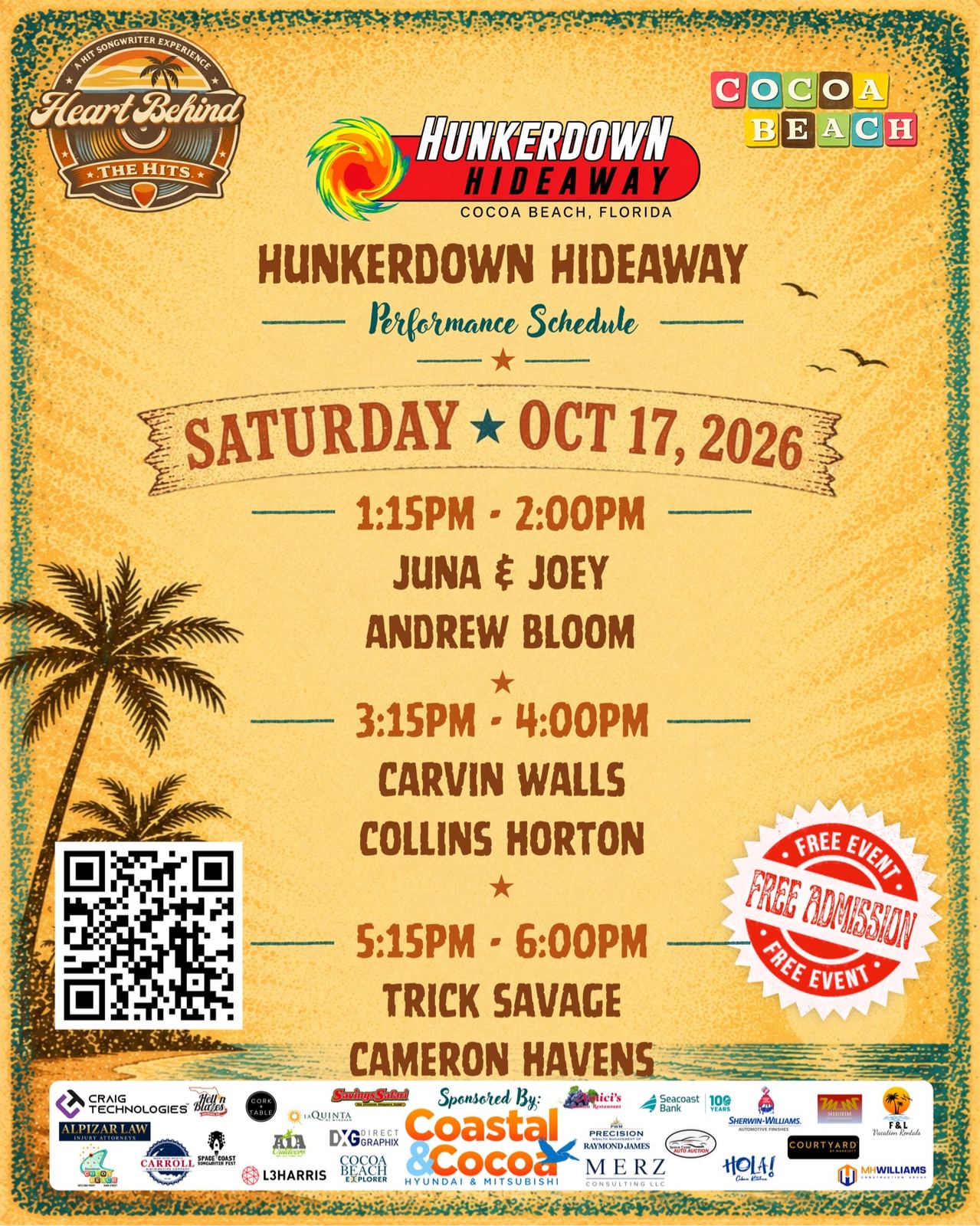 Hunkerdown Hideaway performance schedule, Saturday October 17