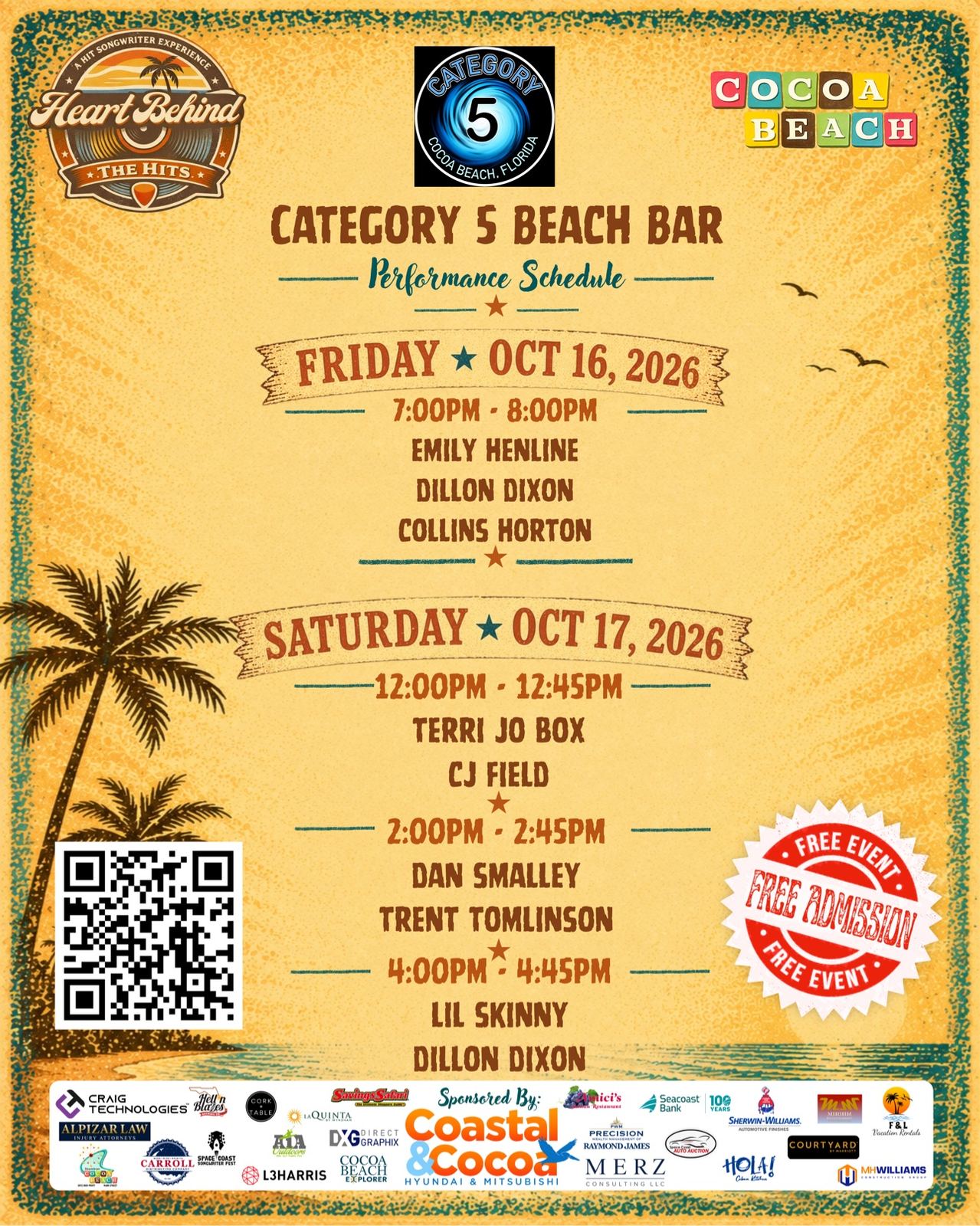 Category 5 Beach Bar performance schedule, Friday October 16 and Saturday October 17