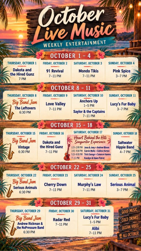 October 2026 live music weekly entertainment calendar at THC Cocoa Beach.
