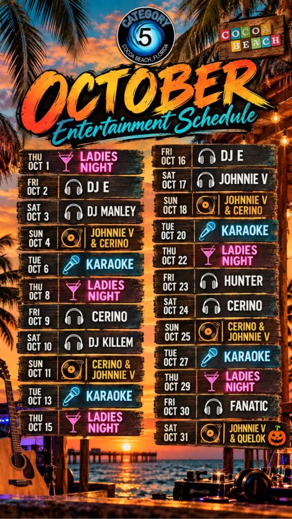 Category 5 Beach Bar October 2026 entertainment schedule, Cocoa Beach, Florida.