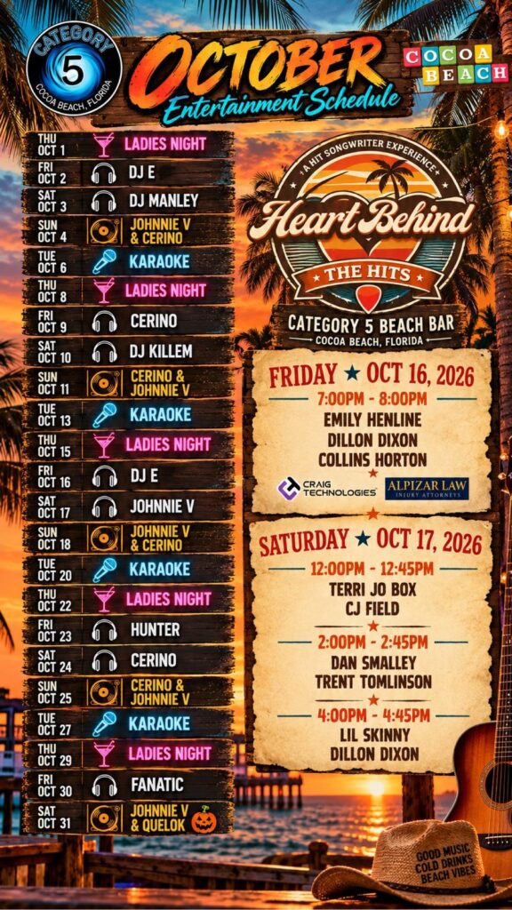 Category 5 Beach Bar October 2026 entertainment schedule, Cocoa Beach, Florida.